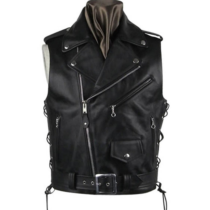 Black Moto Biker Leather Men's Vest