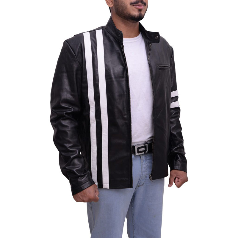 Mens Black Leather Jacket With White Stripes