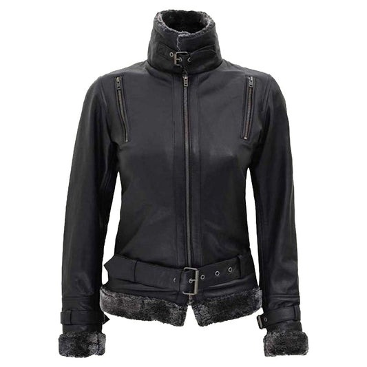 Women's Black Leather Shearling Jacket With Belted Closure