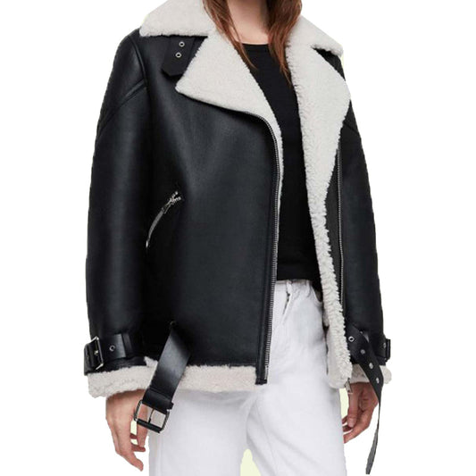 Women's Black Leather Shearling Biker Jacket