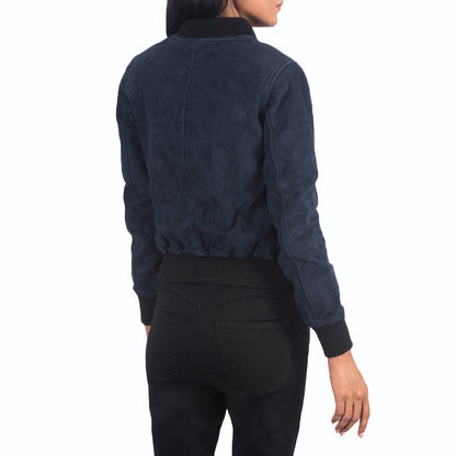 Womens Blue Suede Bomber Jacket