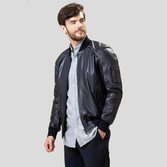 Men's Abramo Black Bomber Lambskin Leather Jacket