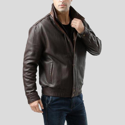 Men's Check Brown Bomber Leather Jacket