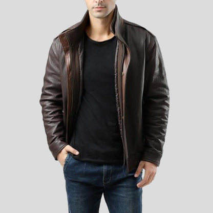 Men's Check Brown Bomber Leather Jacket