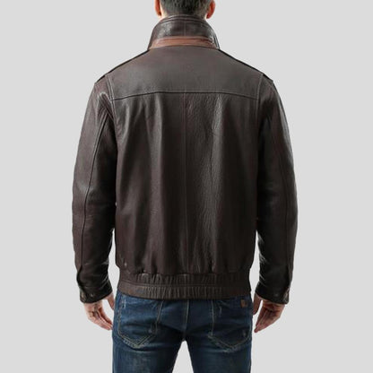 Men's Check Brown Bomber Leather Jacket