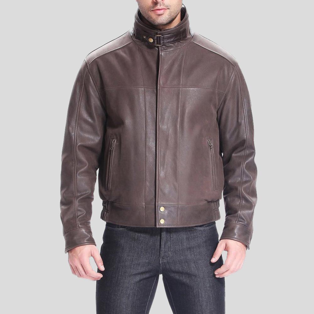 Men's Lee Distressed Brown Bomber Leather Jacket