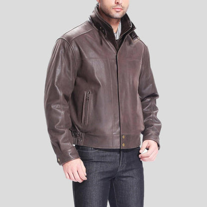 Men's Lee Distressed Brown Bomber Leather Jacket