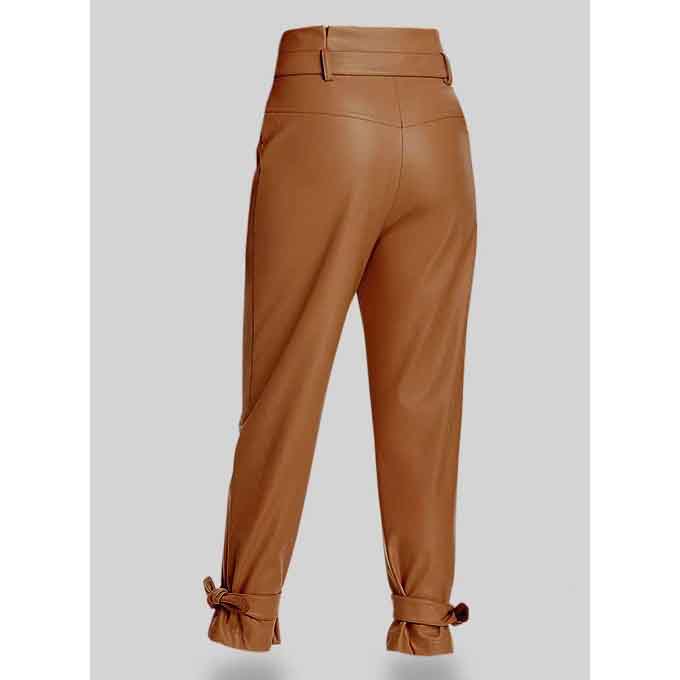 Tied-Cuff Brown Leather Pants For Women