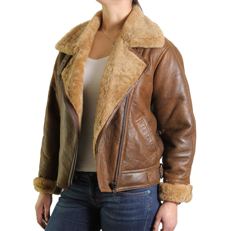 Brown Leather Sheepskin Shearling Jacket Womens