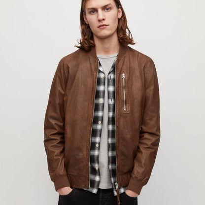 Men's Brown Lambskin Leather Bomber Jacket