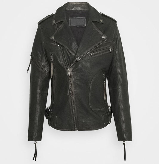 Mens Black Distressed Leather Biker Jacket
