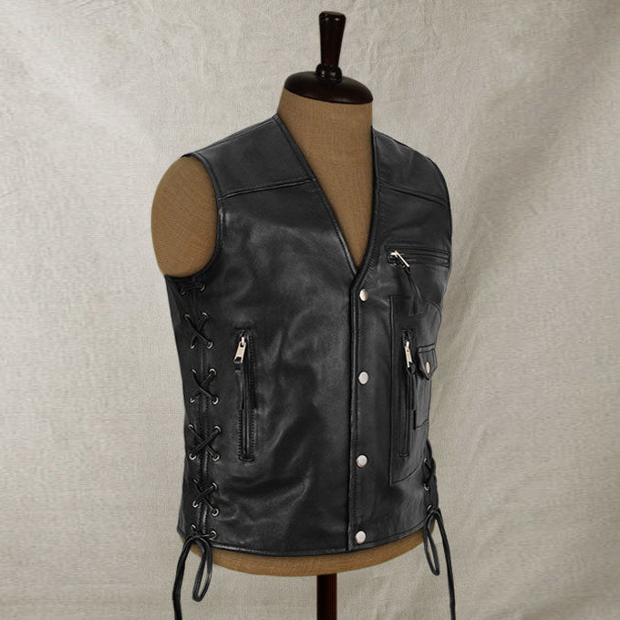 Mens Traditional Biker Black Leather Vest