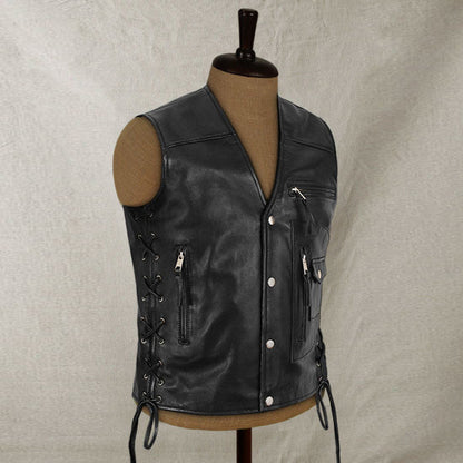 Mens Traditional Biker Black Leather Vest