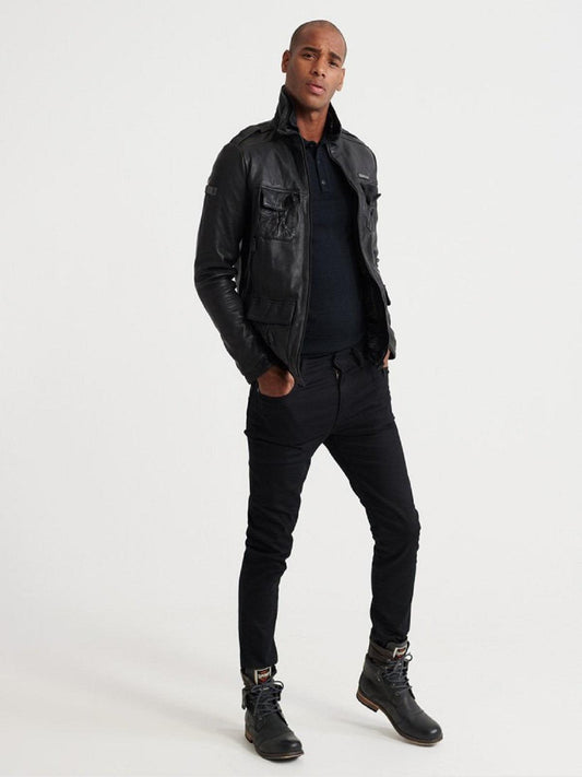 Standard Collar Black Leather Jacket For Men