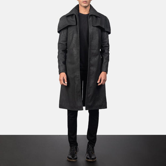 Classic Black Sheepskin Leather Duster Coat For Men