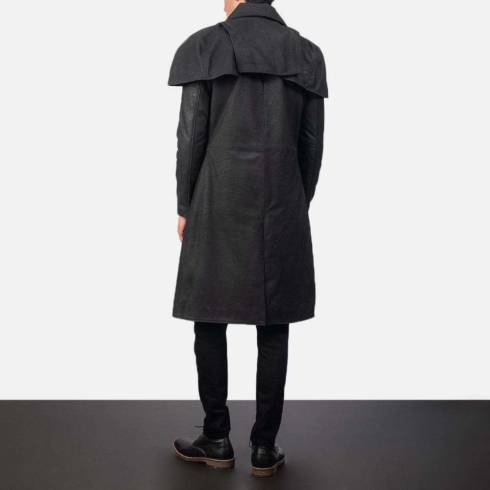 Classic Black Sheepskin Leather Duster Coat For Men