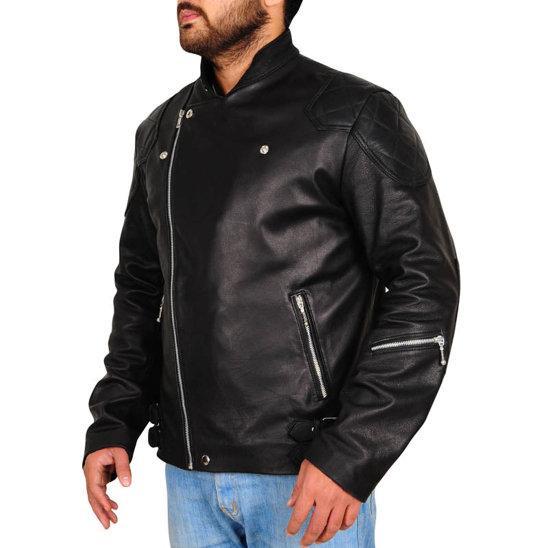 Mens Leather Biker Jacket In Black