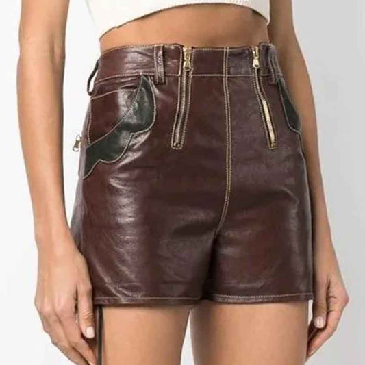 Dark Brown High Waisted Leather Short For Women