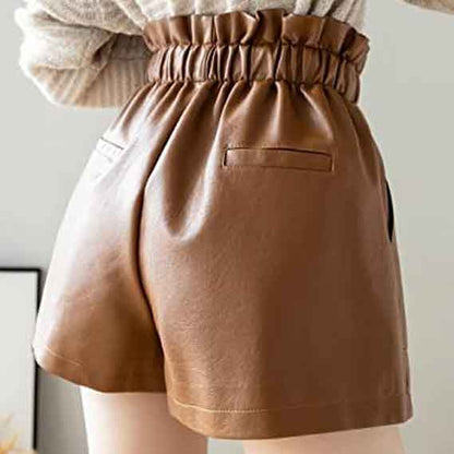 High Waisted Wide Leg Dark Brown Leather Shorts for Women