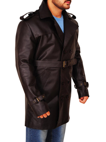 Men's Brown Leather Pea-coat