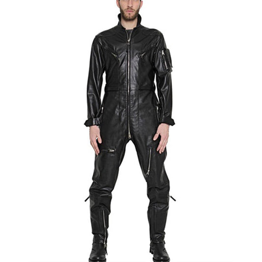 Designer Style Men Long Sleeves Tough Look Leather Jumpsuit