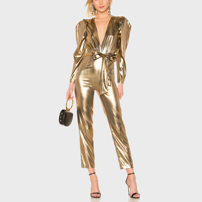 Gold Metallic Faux Leather Christmas Jumpsuit