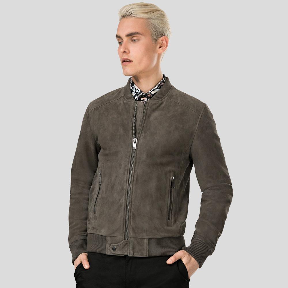 Zord Grey Suede Bomber Leather Jacket For Men