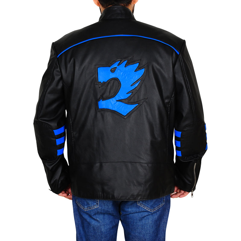 Mens Black & Blue Biker Leather Jacket