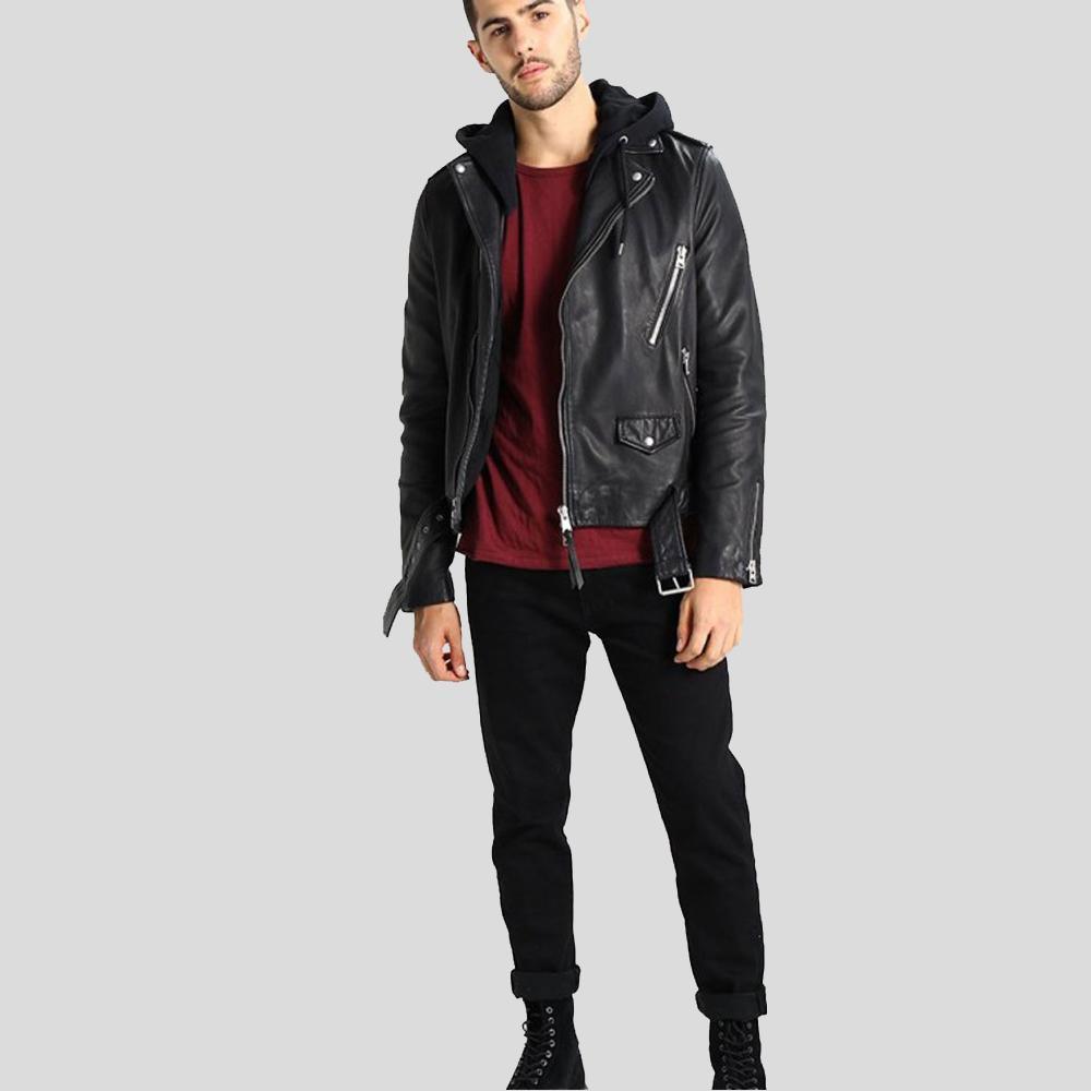 Men's Lupe Black Removable Hooded Leather Jacket