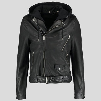 Men's Lupe Black Removable Hooded Leather Jacket