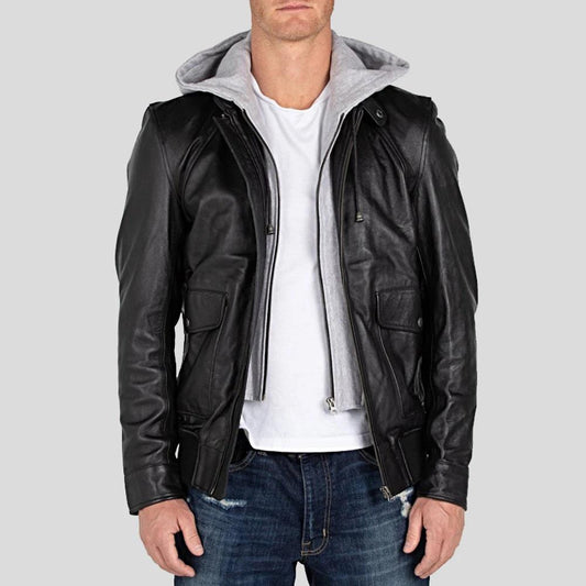 Men's Marc Black Removable Hooded Leather Jacket