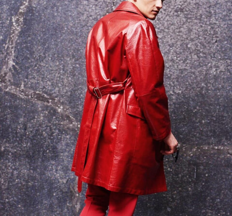 Men's Red Soft Real Leather Trench Coat