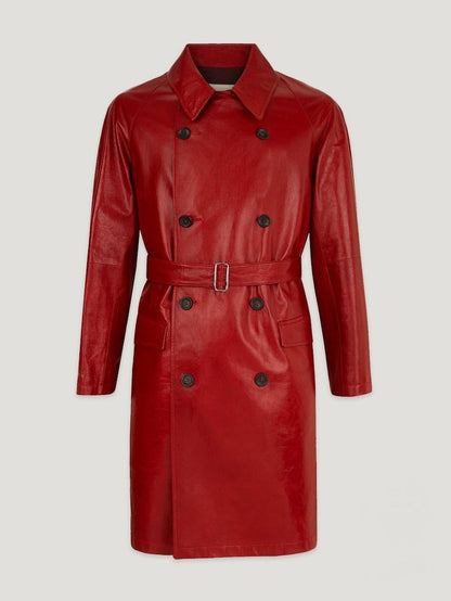 Men's Red Soft Real Leather Trench Coat