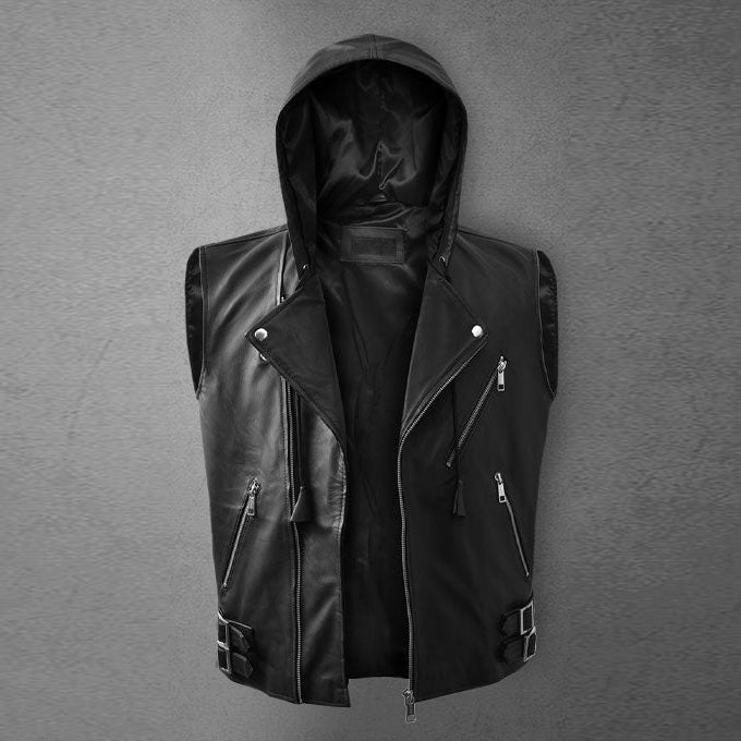 Men's Black Asymmetrical Biker MC Club Leather Hooded Vest