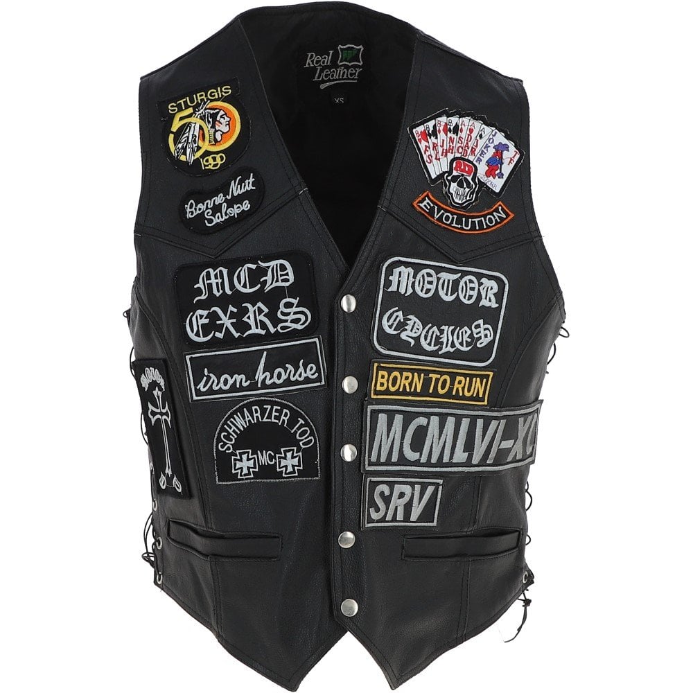 Leather Laced Patch Waistcoat Black Biker Vest