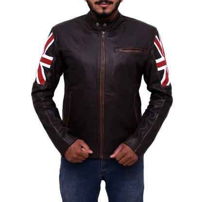 Mens Brown England Flag Biker Leather Jacket