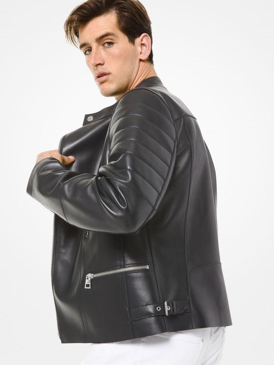 Men's Snap Tab Collar Leather Jacket In Black