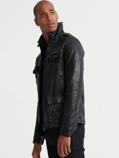 Standard Collar Black Leather Jacket For Men