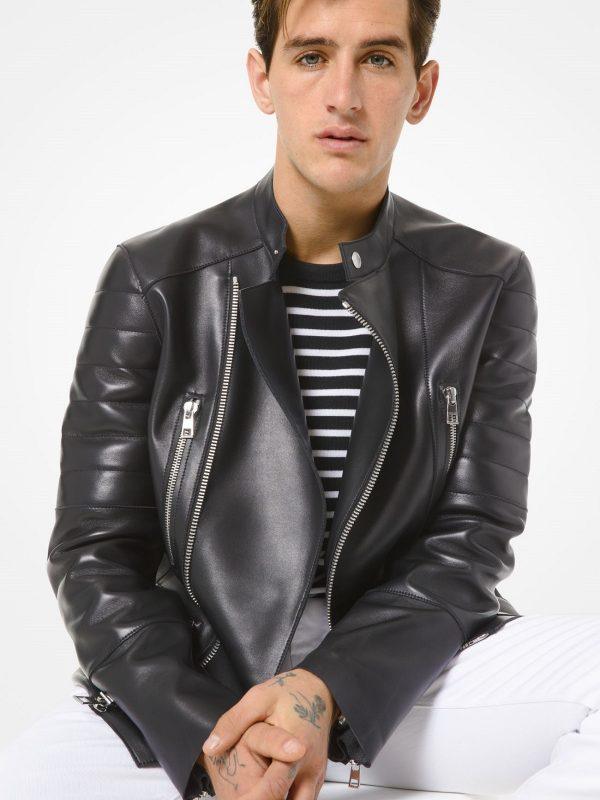 Men's Snap Tab Collar Leather Jacket In Black