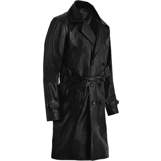 Mens Black Double Brested Leather Trench Coat