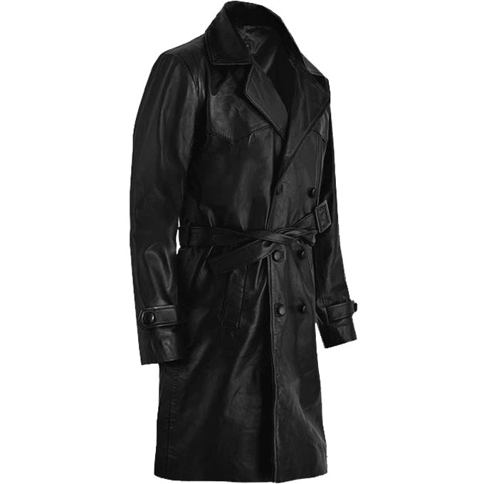 Mens Black Double Brested Leather Trench Coat