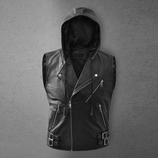 Men's Black Asymmetrical Biker MC Club Leather Hooded Vest