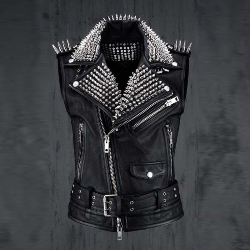 Men's Black Leather Silver Studded Biker Punk Vest