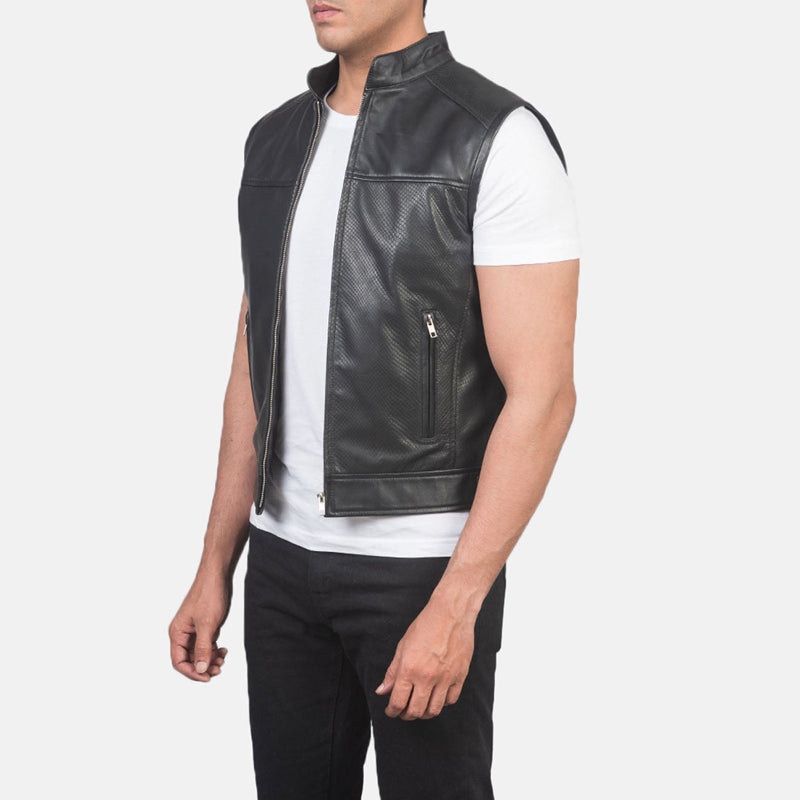 Black Leather Motorcycle Vest For Men