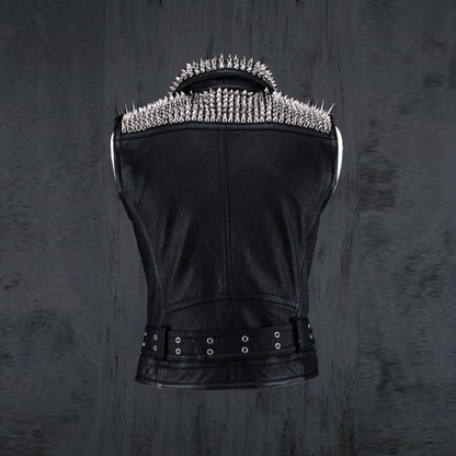 Men's Black Leather Silver Studded Biker Punk Vest