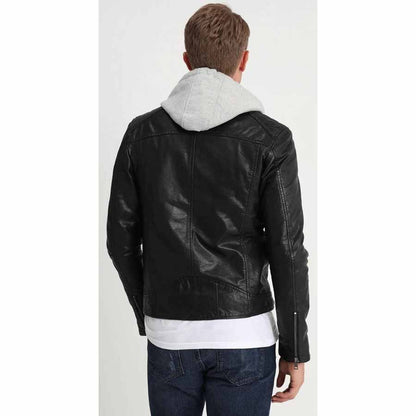 Mens Black Leather Removable Gray Hood Biker Jacket
