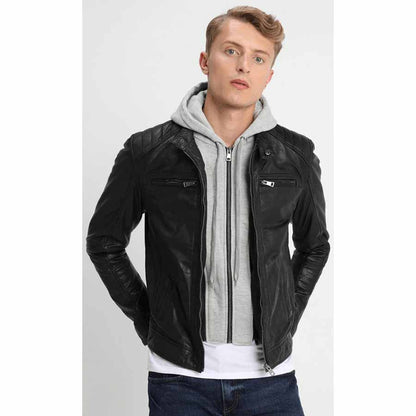 Mens Black Leather Removable Gray Hood Biker Jacket