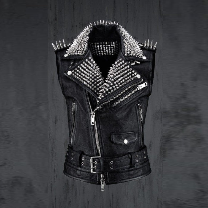 Men's Black Leather Silver Studded Biker Punk Vest