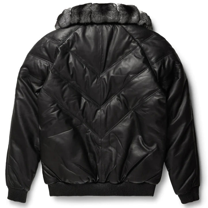 Men's Black Leather V-Bomber Jacket