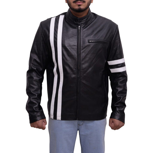 Mens Black Leather Jacket With White Stripes